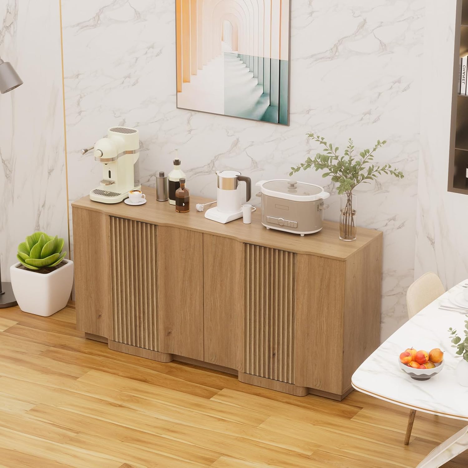 Yechen Buffet Cabinet with Storage, 55" Accent Sideboard Modern Credenza with Doors & Adjustable Shelves Fluted Media Console Wood Coffee Bar Table for Living Kitchen Dining Room