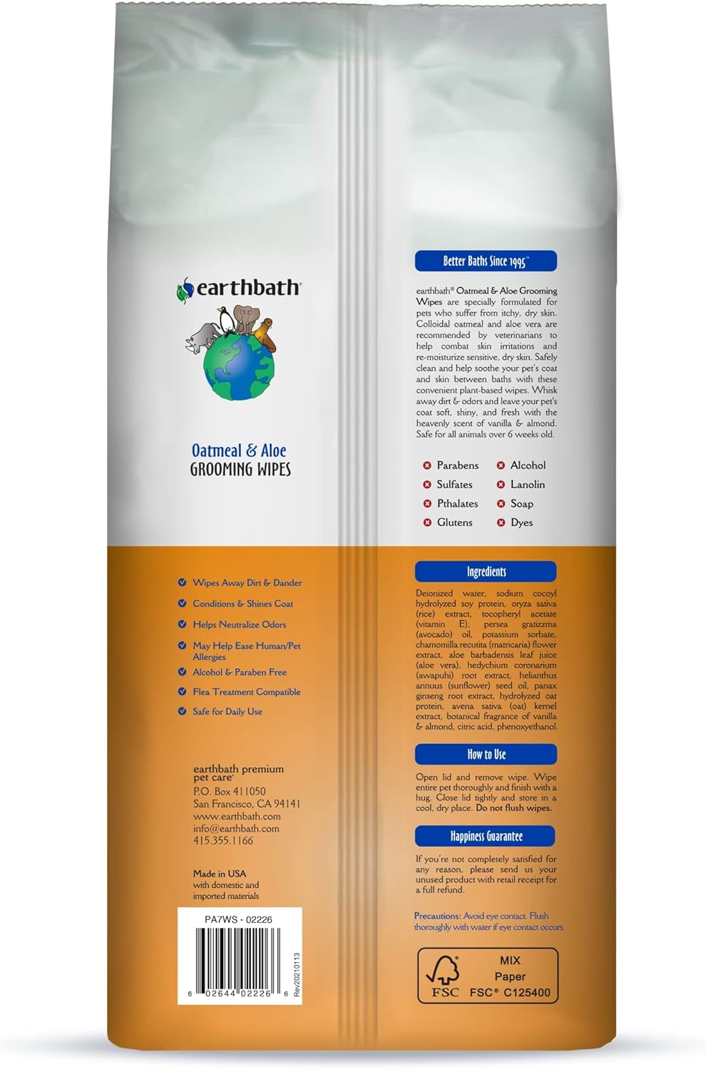 earthbath, Oatmeal & Aloe Grooming Wipes – Dog Wipes for Paws and Butt, Best Pet Wipes for Dogs & Cats, Helps Relieve Itchy & Dry Skin, Made in USA, Cruelty-Free – Vanilla & Almond 100 Count (1 Pack)