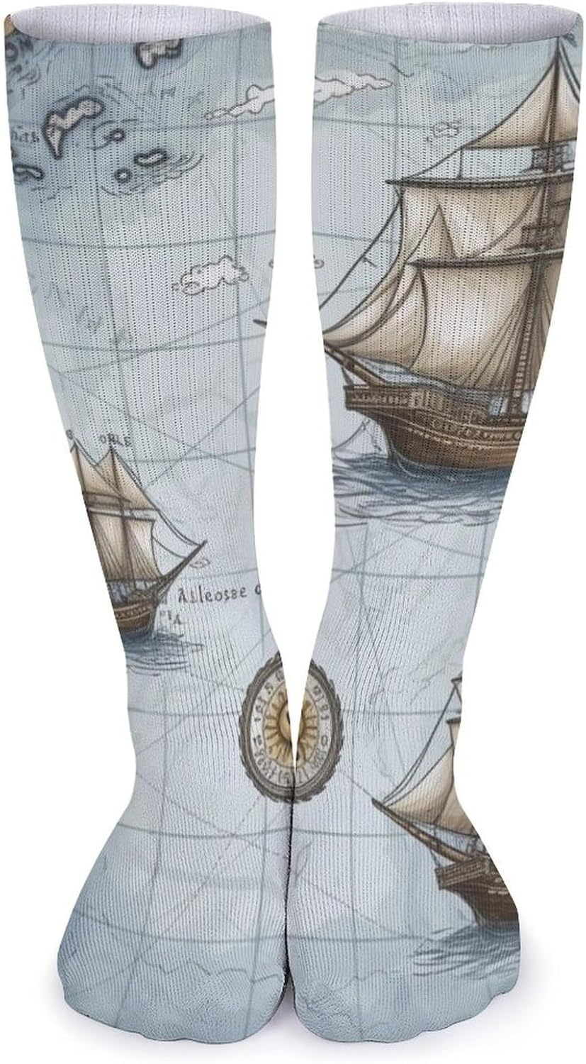 Breathable Crew Sock, Moisture Wicking, Athletic Calf Socks, Cozy | Boat Map Compression Socks for Women Men, Lightweight High Work Socks for Business, Casual