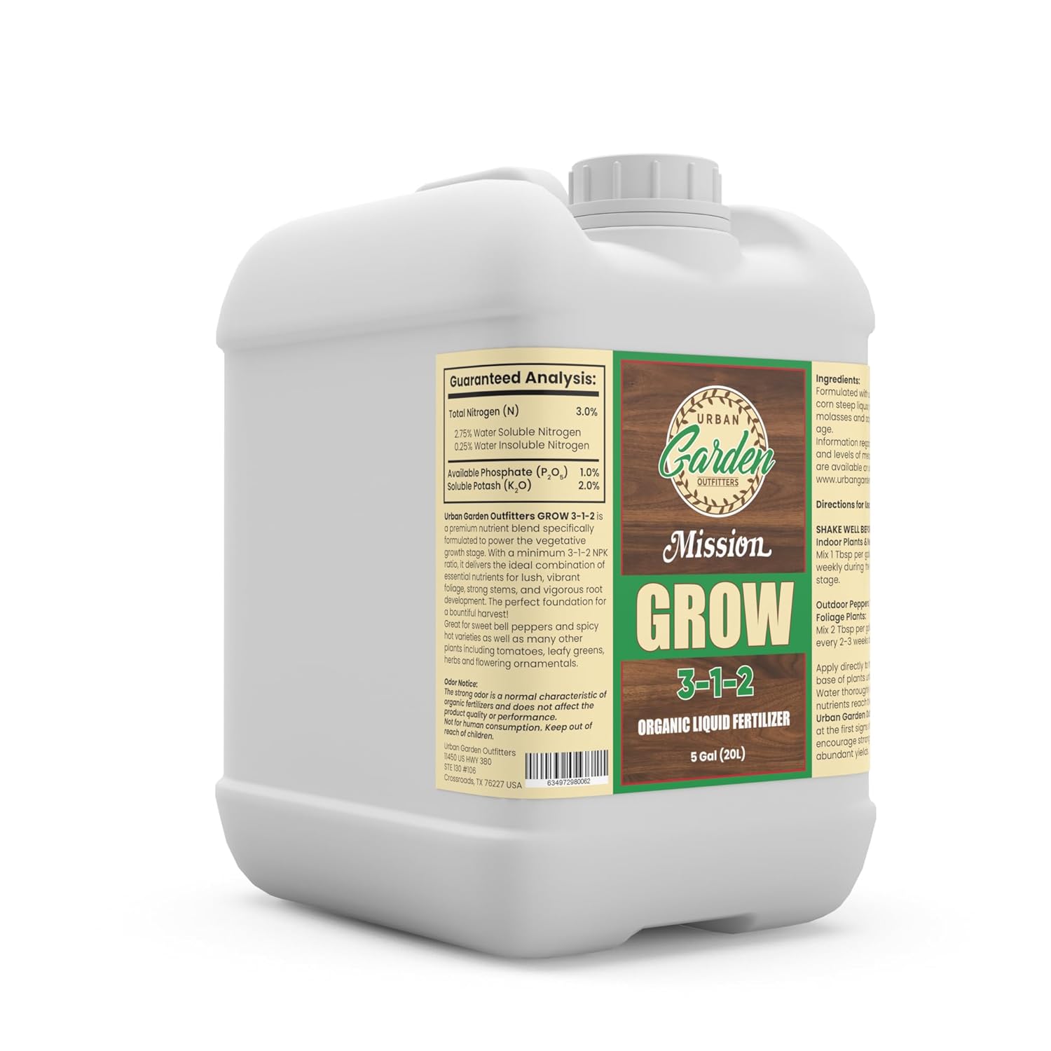Urban Garden Outfitters Mission Fertilizer Grow 3-1-2 Organic Liquid Fertilizer-All-Purpose, Fish Based Nutrient Boost for Healthy Growth, Indoor & Outdoor Plants, 5 Gallon
