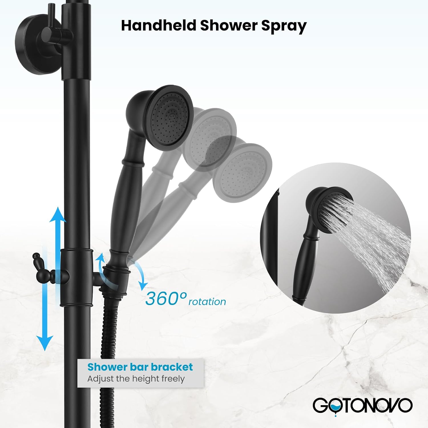 gotonovo Wall Mount Matte Black 8’’ Round Shower Head Triple Function Exposed Pipe Bathroom Shower System Mixer Shower Faucet Sets with 2 Lever Mental Knobs Handheld Sprayer with Tub Spout