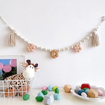 Boho Tassel Garland with Wooden Beads,for Home and Outdoor Decor, Daisy Wooden Tassel Garland Wall Hanging Decor Pastel Banner,Birthday Party