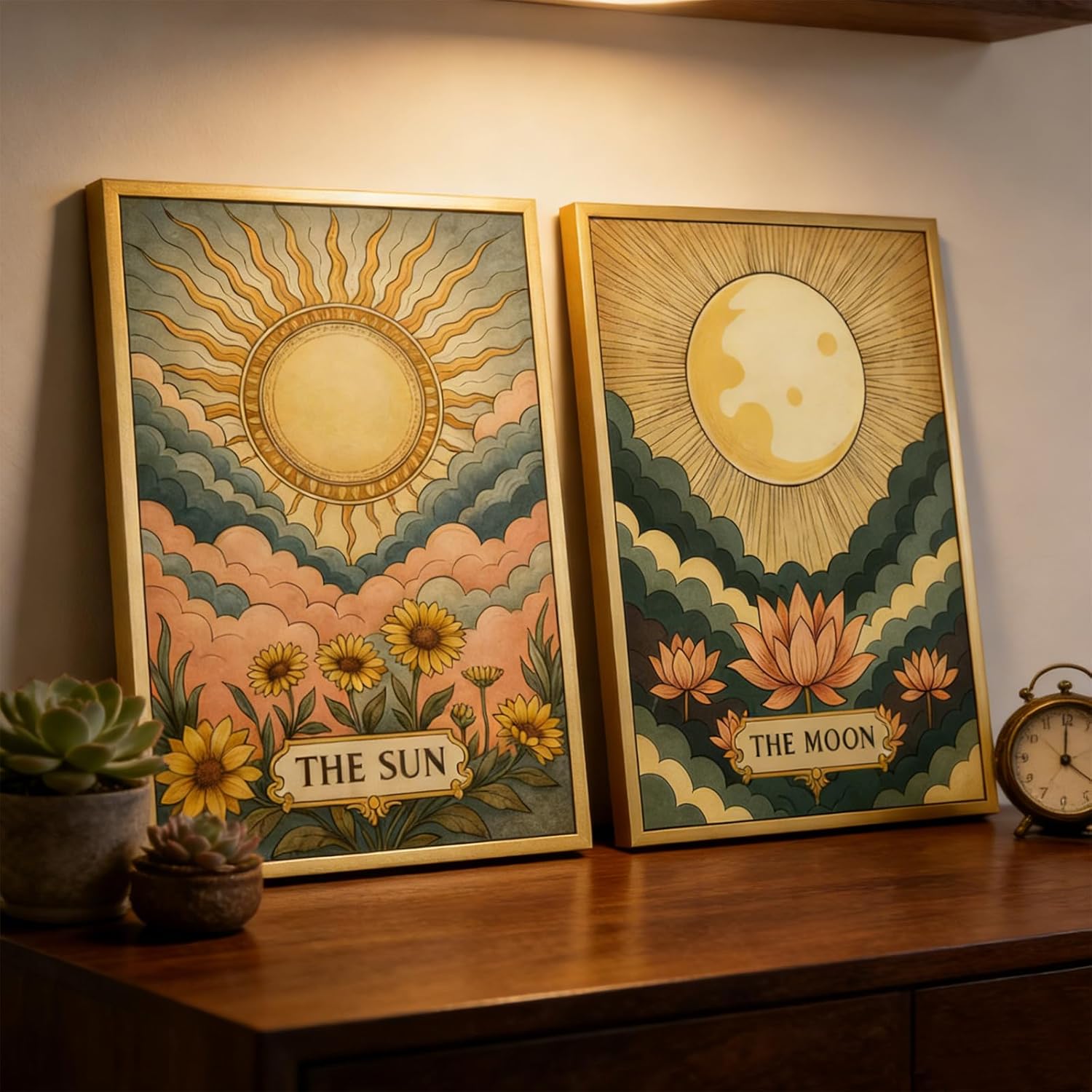 2Pcs Sun and Moon Celestial Canvas Wall Art boho Tarot Astrology Painting Picture Wall Decor Vintage Sun Flower and Full Moon Lotus Poster Print Artwork for Bedroom Living dormitory Home Decoration
