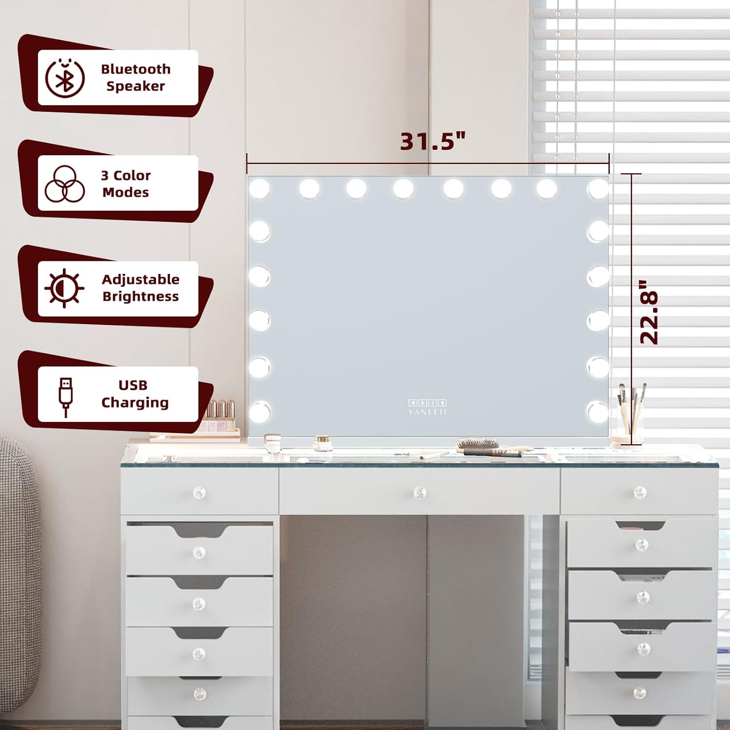 VANITII Vanity Mirror with Lights 22.8" x 31.5" 18 Bulbs 3 Color Modes Large Lighted Hollywood Makeup Mirror with USB Charging Port and 10X Magnification for Bedroom Desktop