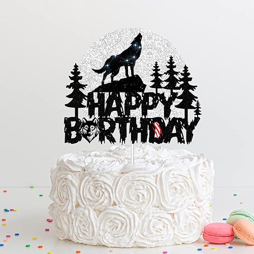 Miniatura 2 de Decoración para tarta de cumpleaños con diseño de lobo y diseño de lobo con purpurina de luna llena, decoración de fiesta de animales salvajes de la