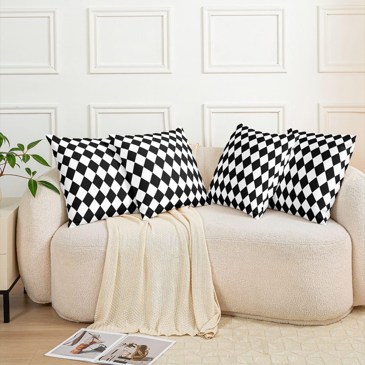 Feelyou Diamond Plaid Throw Pillow Covers Set of 2 Buffalo Check Square Cushion Covers Vintage Black White Pillow Case Cushion Case for Couch Sofa Bedroom Decor 24 x 24-Inch