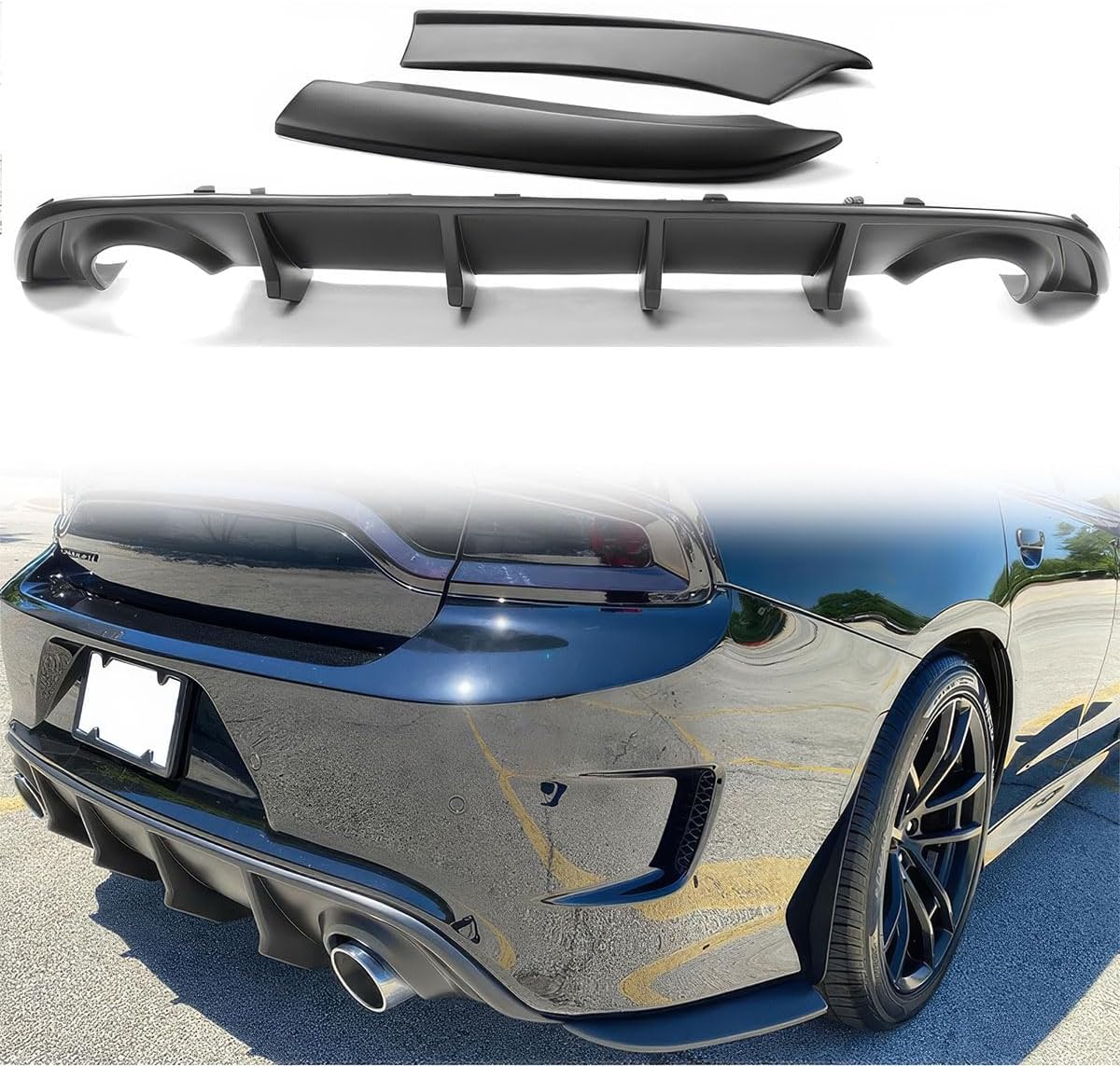 Custom Fit Rear Diffuser + Side Aprons Compatible with 2015-2023 Dodge Charger, PP Rear Bumper Lip Splitter Spoiler Matte Black