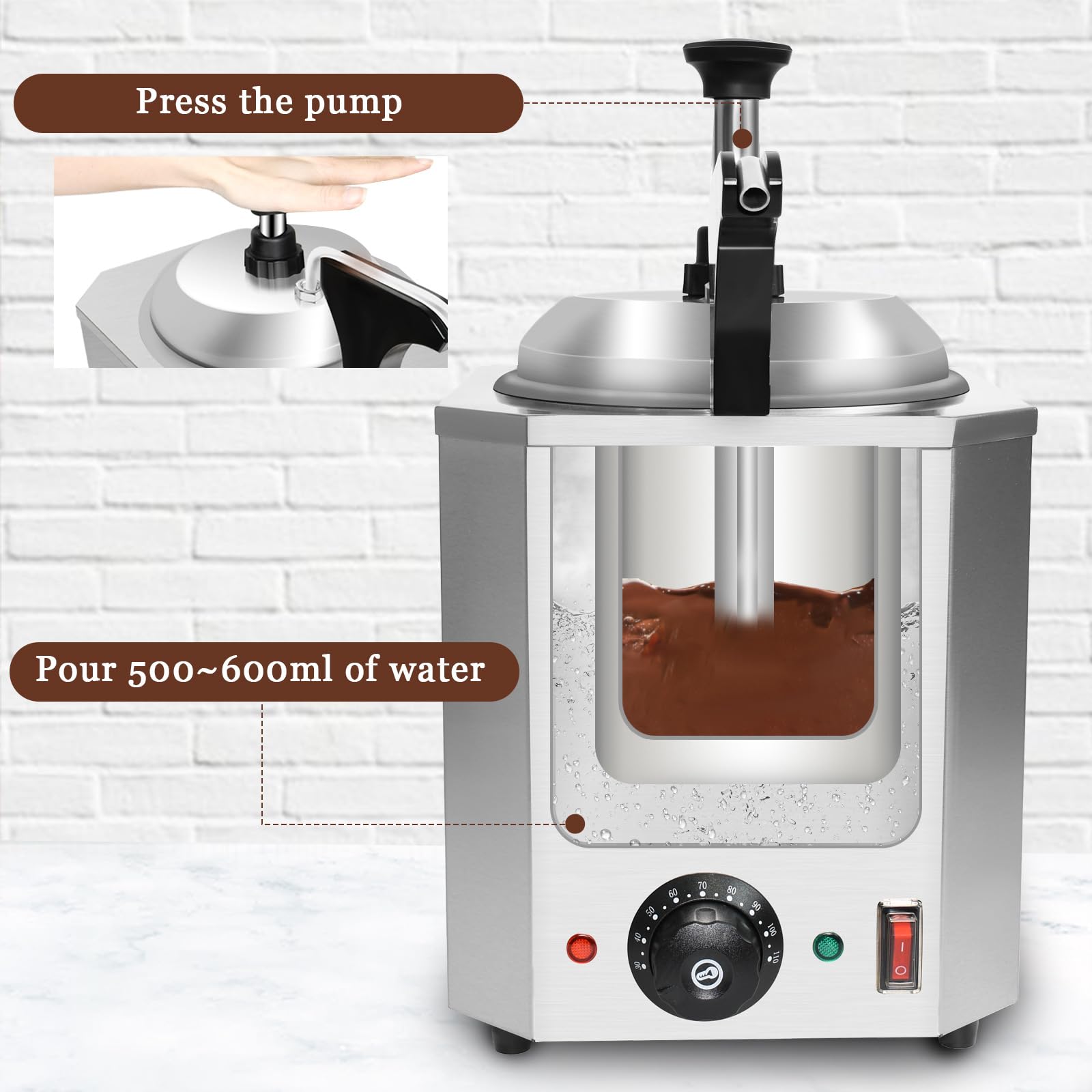 Dispenser di formaggio con pompa, 2,4 Qt Hot Fudge Warmer, riscaldatore commerciale per salse alimentari, temperatura regolabile 30-110 ℃ per riscaldare varie salse