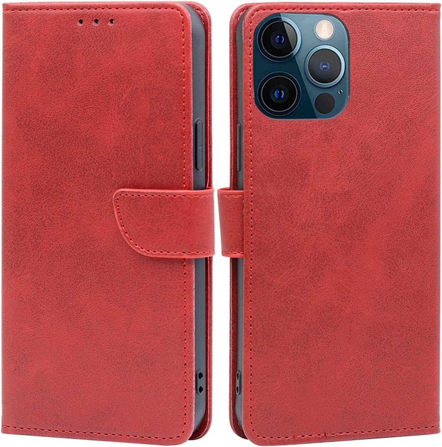 Leather Case for iPhone 14/14 Plus/14 Pro/14 Pro Max for Women Men, Premium Flip Wallet Case with Card Holder Kickstand Magnetic Clasp Shockproof TPU Shell (Color : Red, Size : 14ProMax)