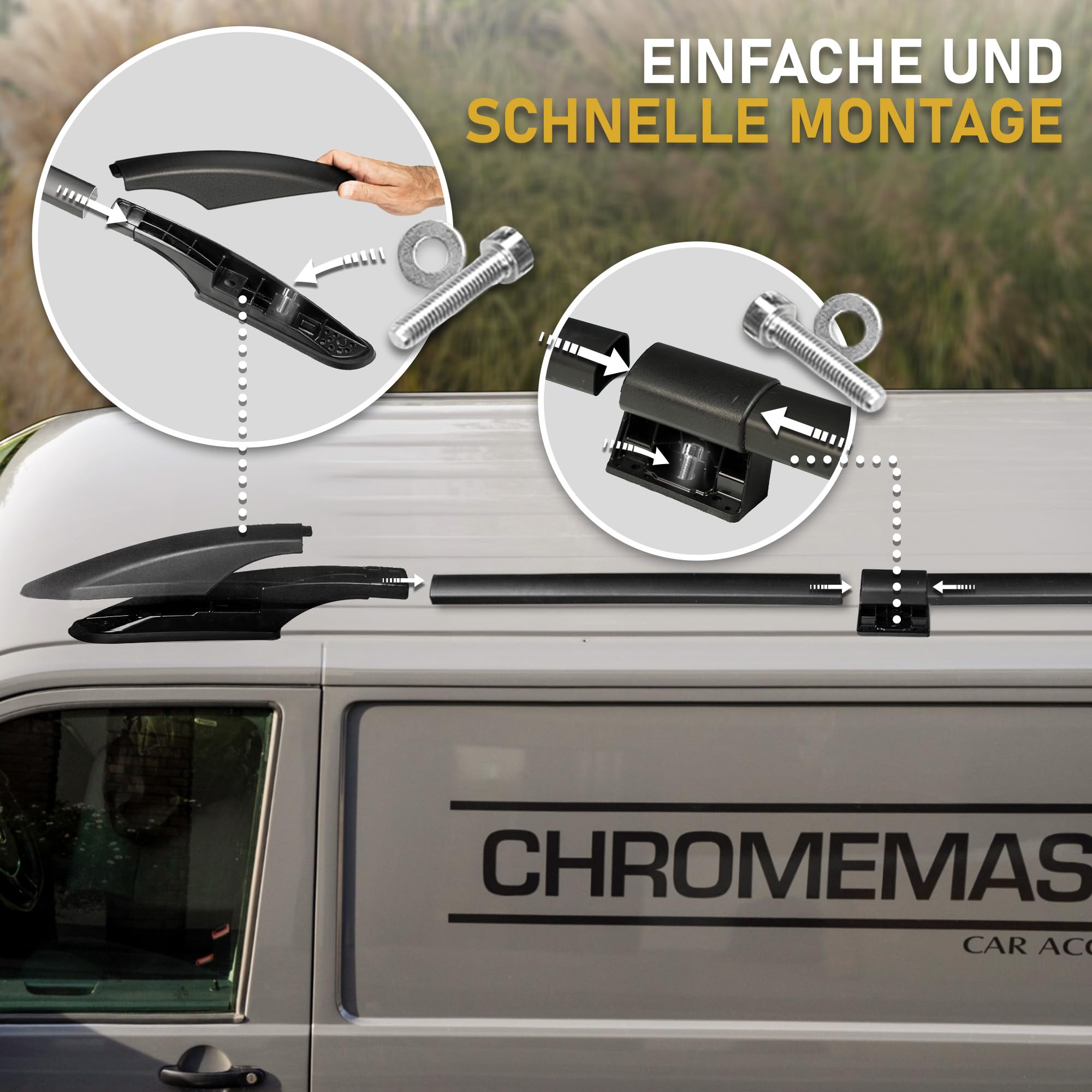CHROMEMASTER Dachreling Dachträger Kompatibel mit VW T5 Transporter Short 2003-2015 | Zur Befestigung der Dachgepäckträger, Dachboxen oder Dachfahrradträger | Robuste Konstruktion aus Alu