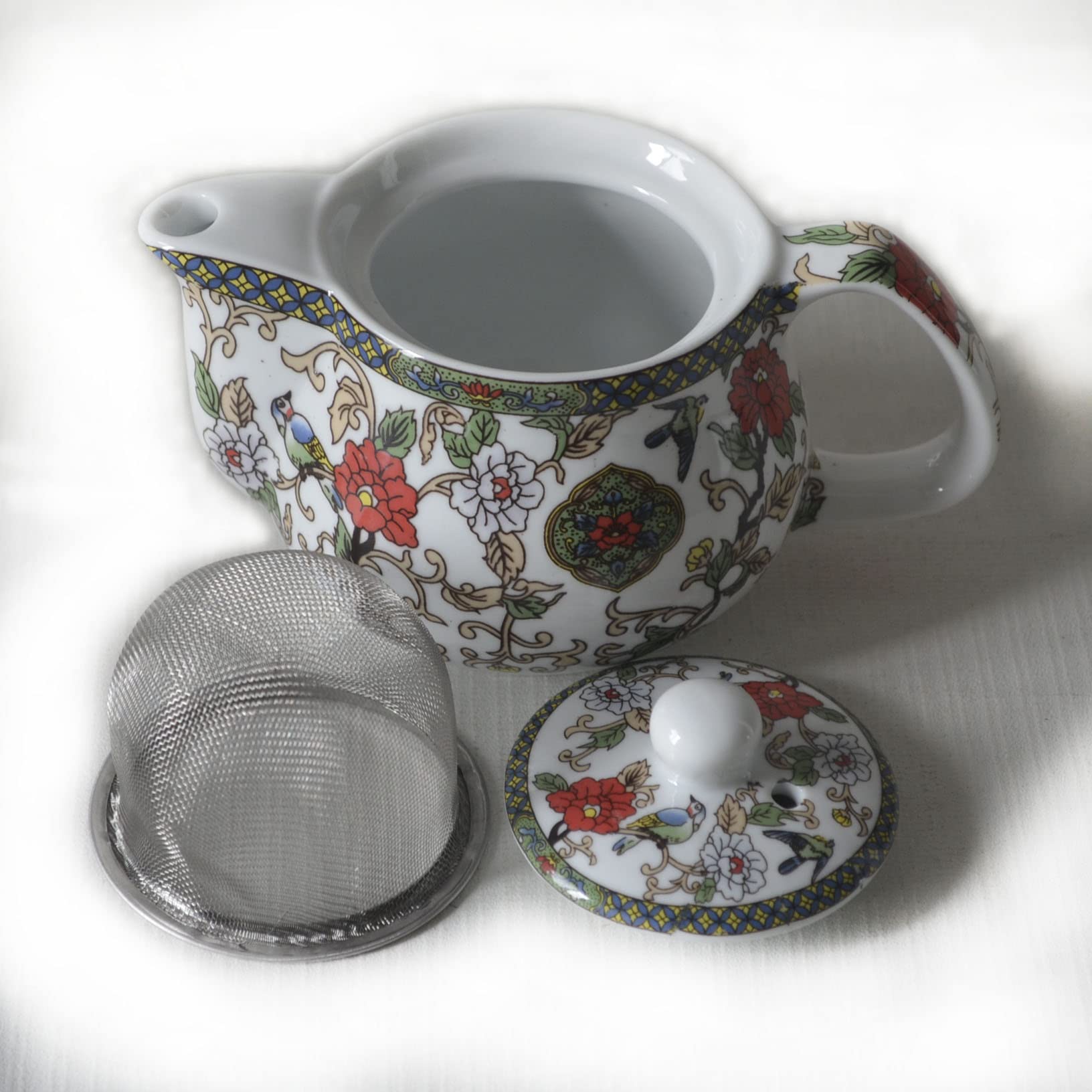 Mały porcelanowy czajniczek, dzbanek do herbaty 9oz z filtrem ze stali nierdzewnej, kolorowe chińskie kwiaty i ptaki (kwiaty i ptaki)