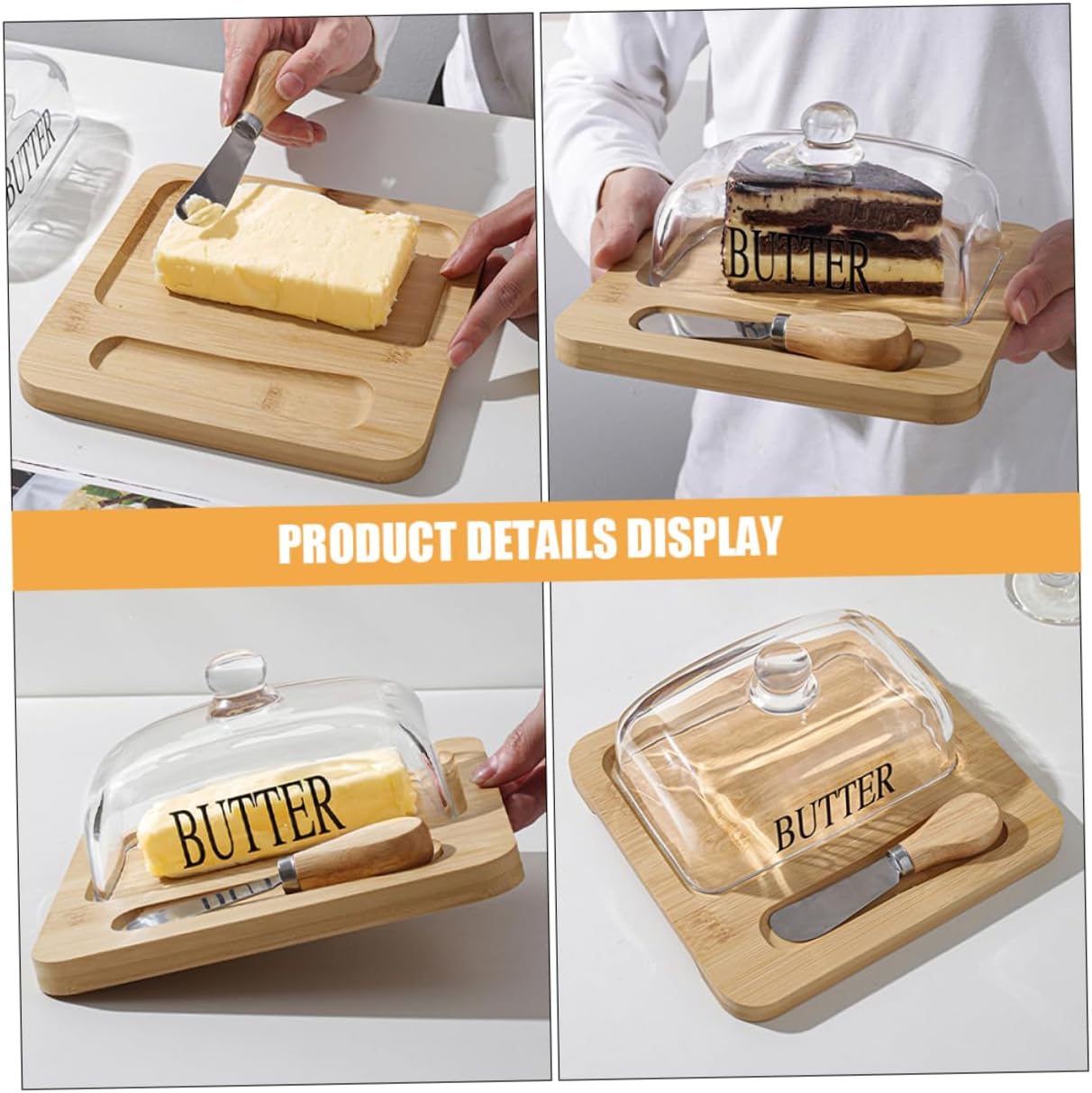 Sosoport 1Set Butter Dish with Lid Clear Countertop Butter Holder and Cheese Container Wood Serving Tray with Dome for Kitchen Restaurant and Use