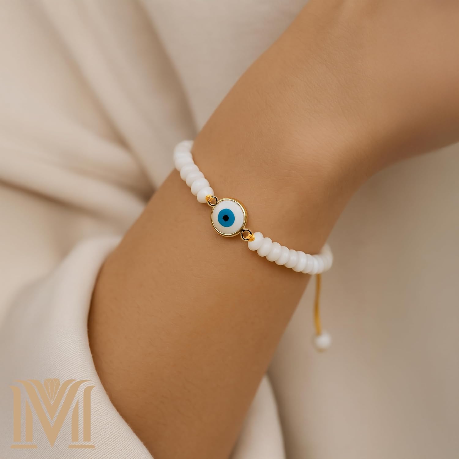 Handmade Evil Eye Bracelet – White Mother of Pearl Beads with Gold-Plated Blue Eye Charm – Adjustable Macramé Cord – Protective Jewelry Gift for Women