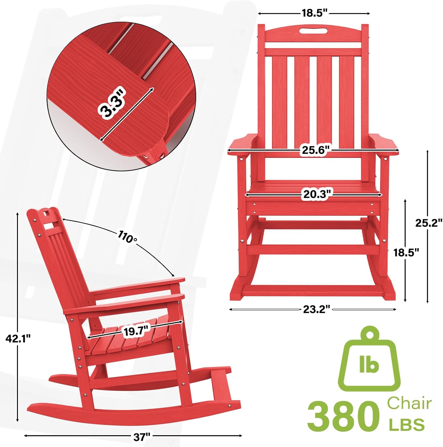 Ayge Patio Rocking Chair Set of 2，HDPE Outdoor Rocking Chair for for Garden,Porch,Lawn,Yard,Red