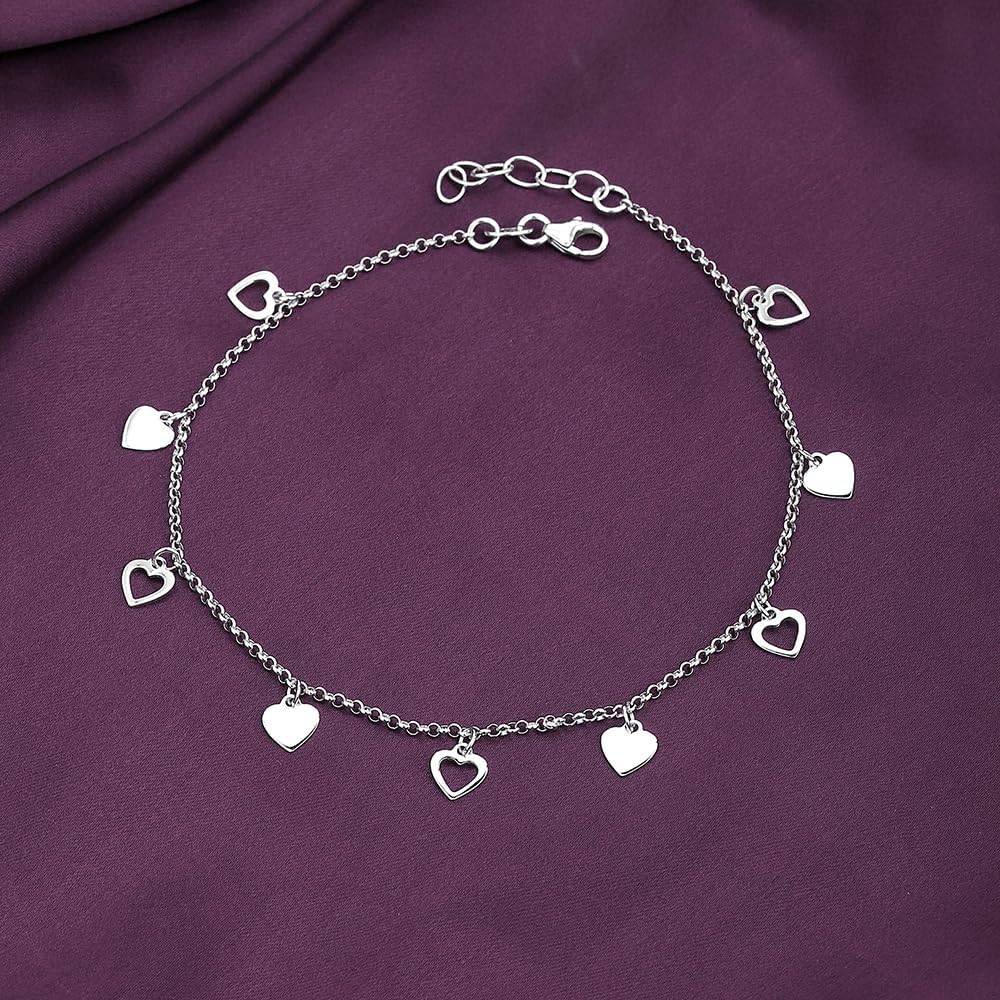 Vanbelle Sterling Silver Jewelry - Rhodium Plated 925 Stamp - Dangling Open and Close Heart Charm Anklet - Foot Jewelry Stylish Beautifully Designed - 9" Long + 1" Extender - Image 8