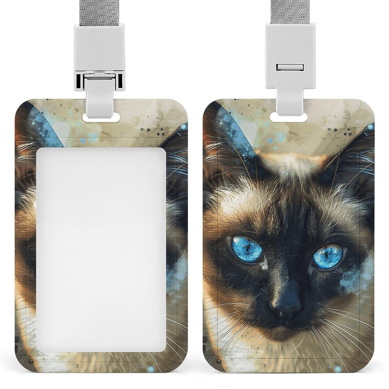 ID Card Holders for Lanyard,Siamese Cat Art Printed Badge Holder with Clear Window,Plastic Vertical Bus Pass Holders for Work Teacher Nurse Employees Proximity Key Cards Women Men — image 1