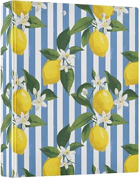 3 Ring Binders Lemon Blue Stripe 1.5 Inch Round Ring Binders with Pockets Decorative Clipboard Binder Holds 200 Sheets View Binder for Home School Office,1 Pack
