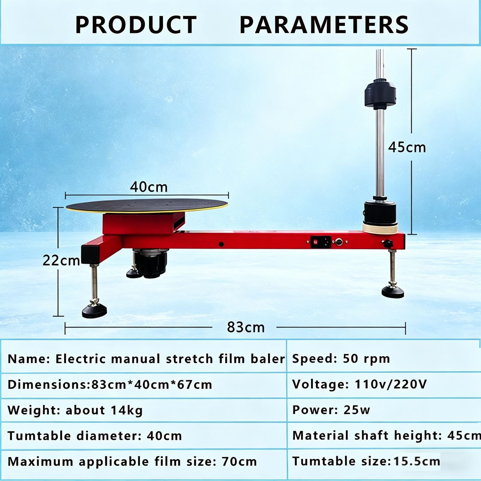 Elektryczny podajnik folii stretch, półautomatyczna maszyna do owijania, podajnik folii spożywczej do folii stretch w rolkach o szerokości 70 cm, maszyna do owijania palet, stół obrotowy 40 cm
