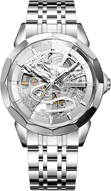 FORSINING Men's Automatic Mechanical Watches Rhombus Shaped Mirror Elegant Luminous Stainless Steel Strap Premium Men's Business Watch