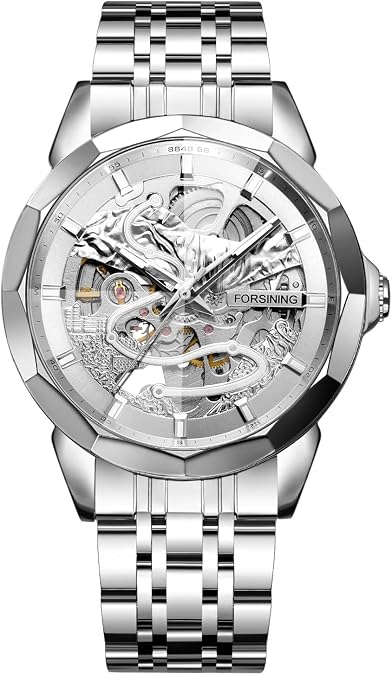 FORSINING Men's Automatic Mechanical Watches Rhombus Shaped Mirror Elegant Luminous Stainless Steel Strap Premium Men's Business Watch