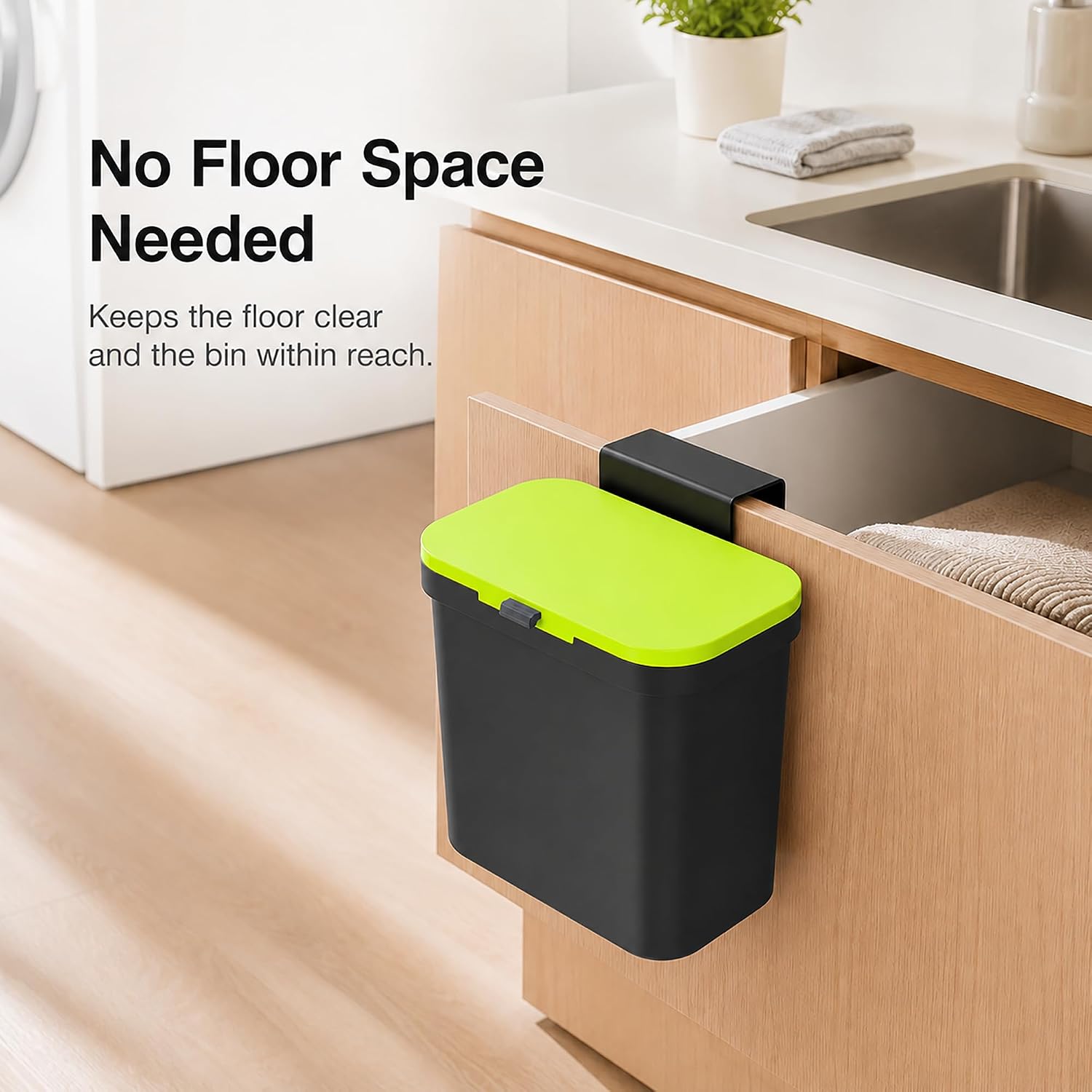 Wall Mounted Sliding Lid Trash Can, Compact Space-Saving Garbage Bin, Hanging Waste Basket for Kitchen & Bathroom (Black, 4L)