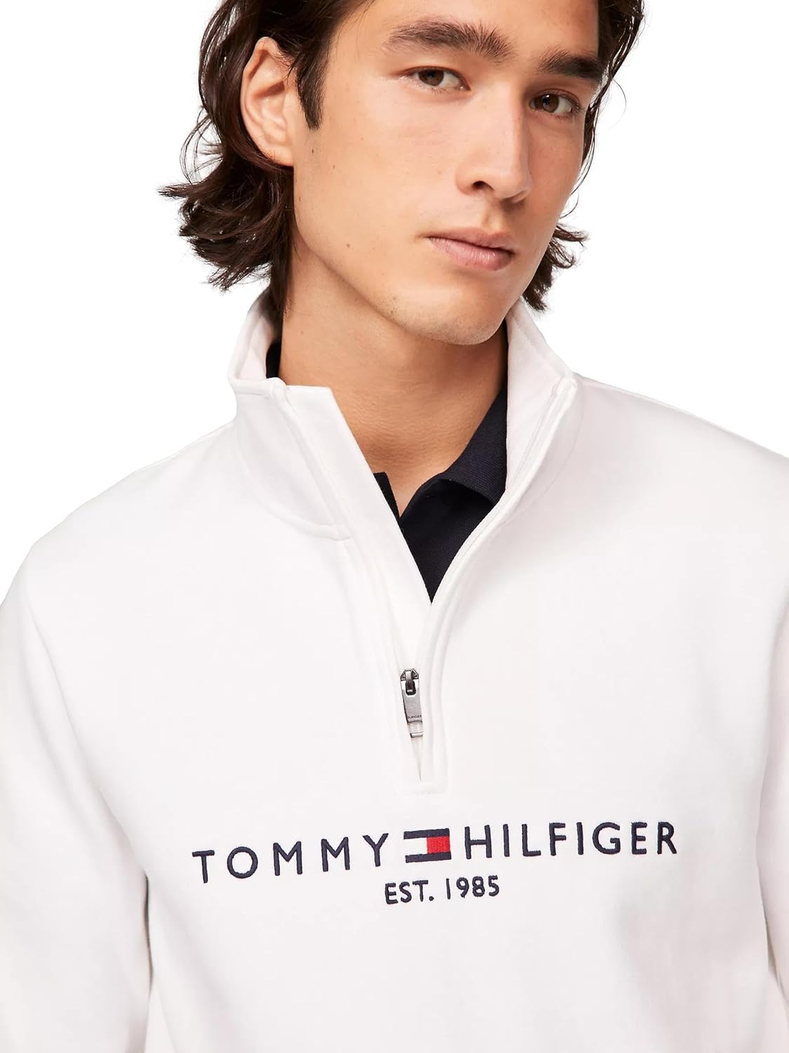 Tommy Hilfiger Men's Adaptive Quarter Zip Sweatshirt with Extended Zipper Pull Small Perfect White image 3 of 5 B0DN1RPJ4D