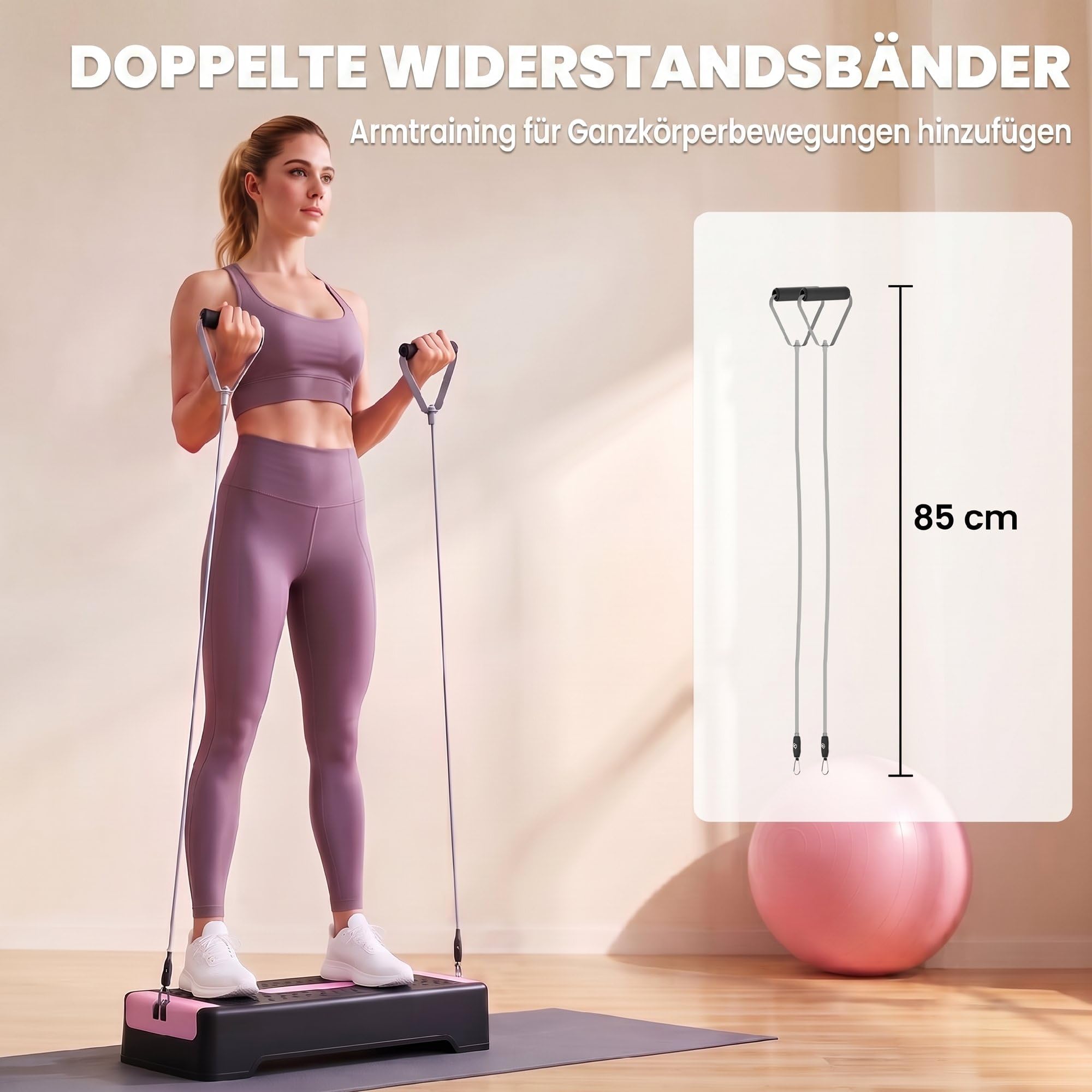 SPORTNOW Step z regulacją wysokości Fitness 2 stopnie (11/16 cm) różowy | Stepper aerobowy, 2 taśmy oporowe, mata antypoślizgowa, antypoślizgowa ławka do kroku, do domu, studia fitness, biura