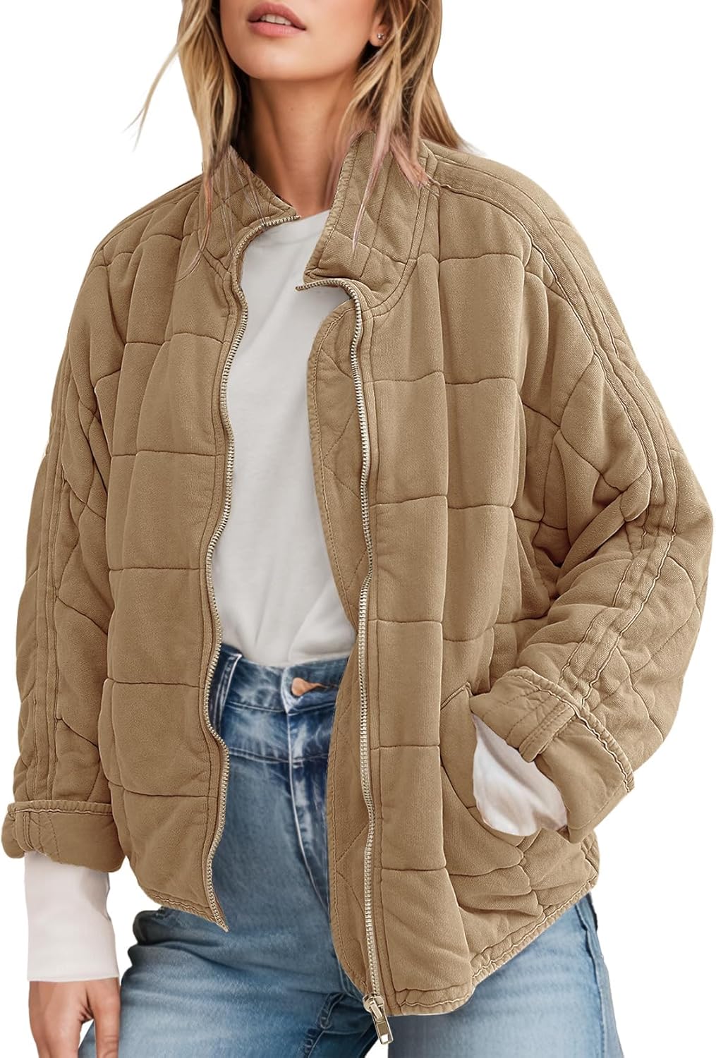 SAUKOLE Womens Winter Dolman Long Sleeve Full-Zip Quilted Jacket Coat Warm Outerwear