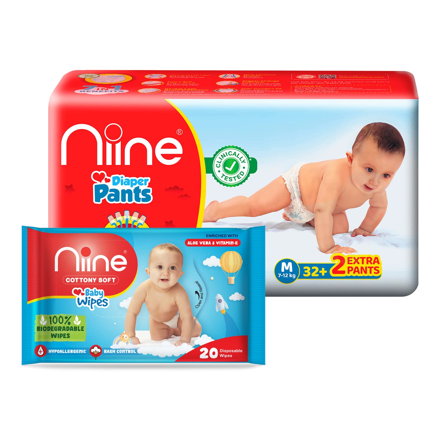 Niine Combo of Baby Diaper Pants Medium (M) Size (7-12 KG) 34 Pants and 20 Biodegradable Baby Wipes