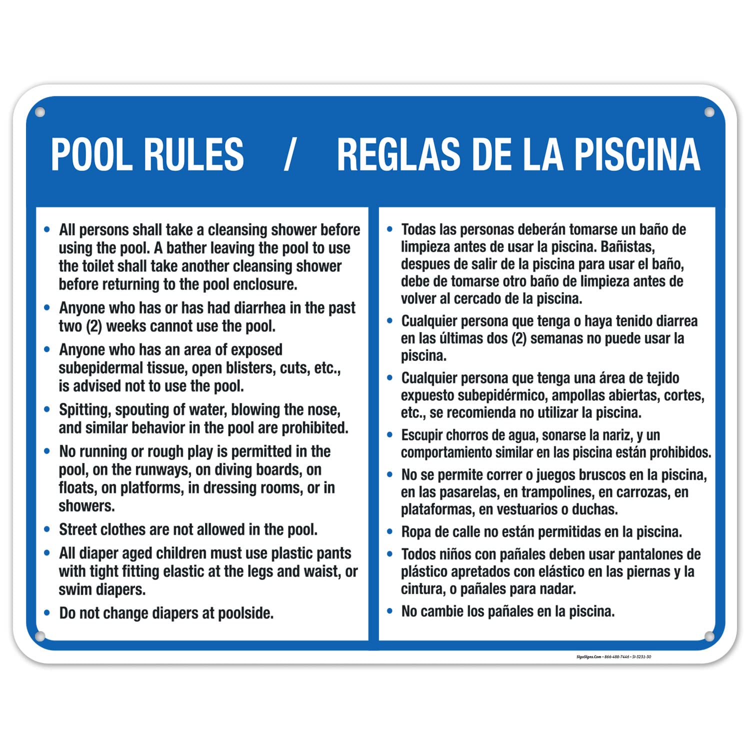 Pool Rules Bilingual Sign, Spanish English, 18x24 Inches, 55 mil Thick HDPS (high Density polystyrene), Made in USA
