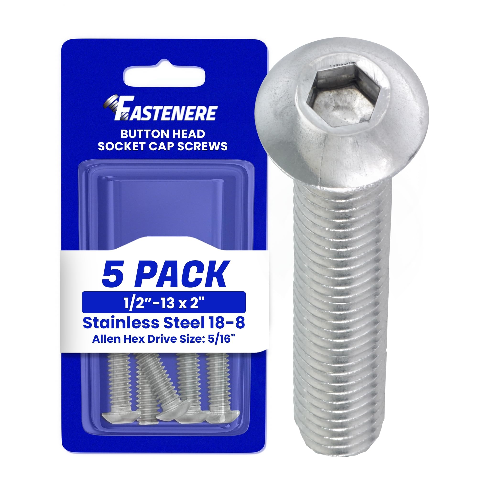 Fastenere Button Head Socket Cap Screws - 1/2-13 x 2 (5 Pack) Stainless Steel 18-8, Full Thread, Bright Plain Finish, Corrosion-Resistant, Machine