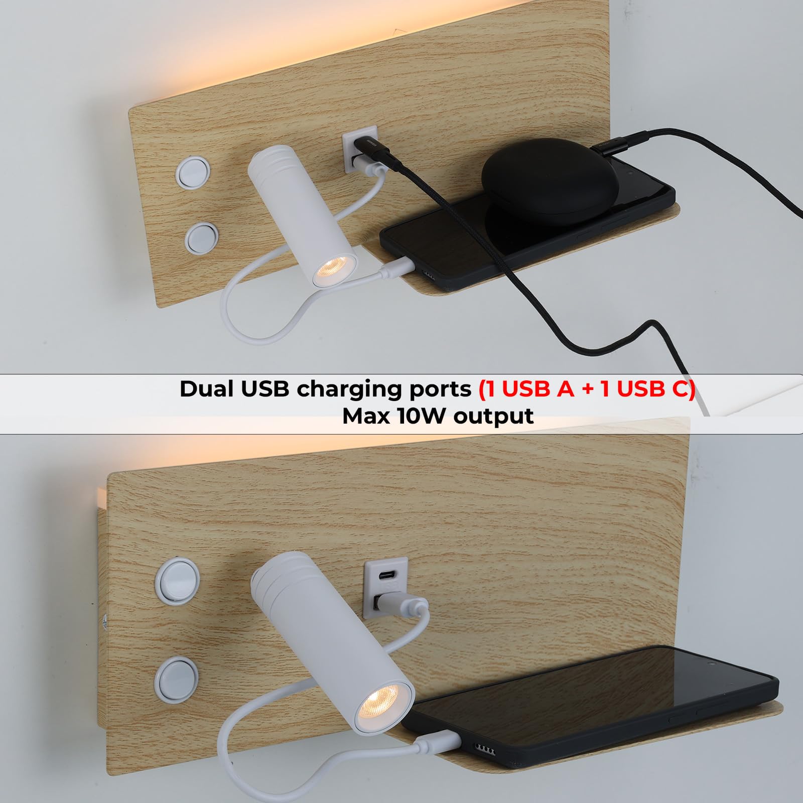 Alpinaluz Applique LED Bianca Con Mensola E Porte USB-C/A - Luce Ambientale 7W E Lettura 3W - 2
