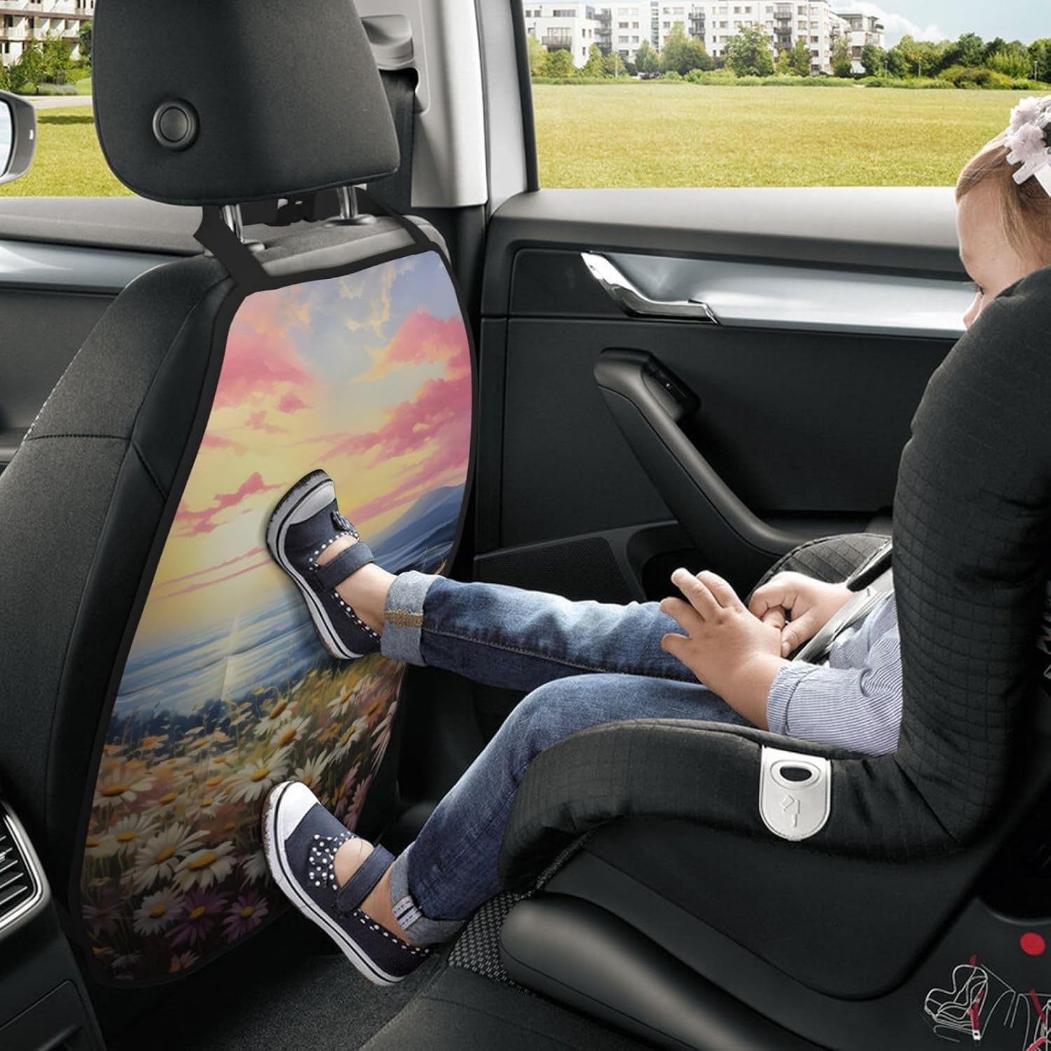Car Seat Back Kick Protector 2 Pack 18.5x26.4 Inch, Watercolor Bold Daisy Anti-Kick Pad, Waterproof Oxford Fabric Large Rear Seat Cover for Kids Pets Fits SUV Jeep Truck Sedan