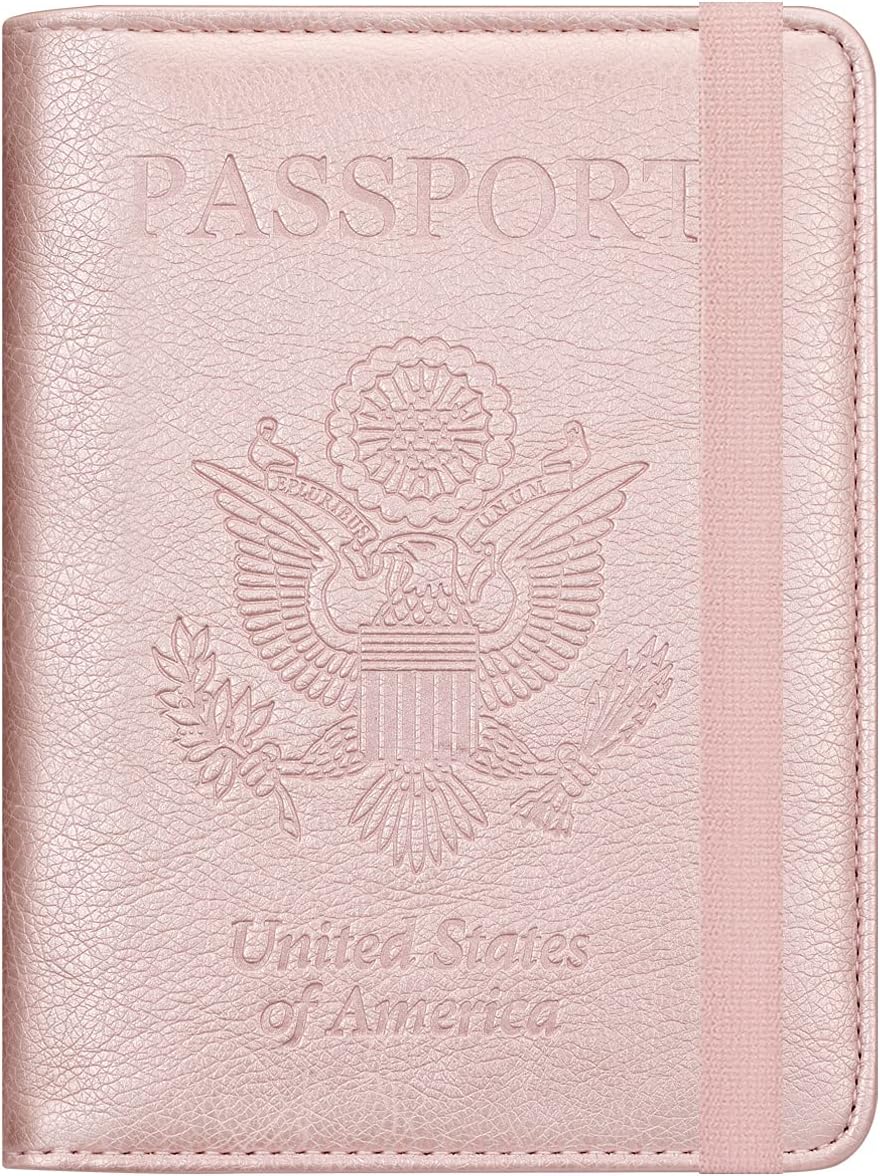  | Passport and Vaccine Card Holder Combo - HOTCOOL Leather RFID Blocking Wallet With Elastic Strap Travel Cover Case For Passport, Rose Gold | Passport Wallets