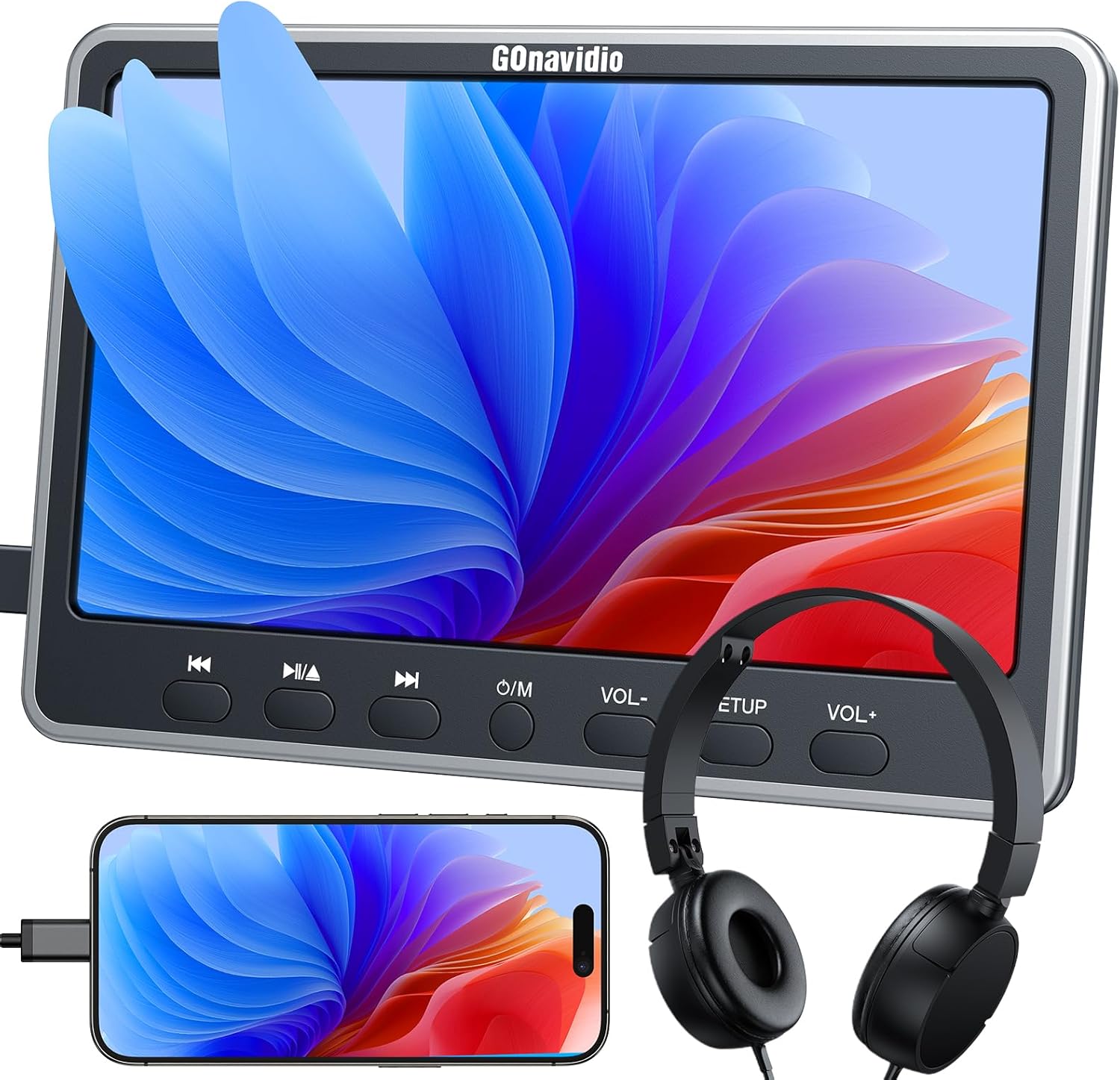 GOnavidio 12″ Car DVD Player with HDMI Input, Car TV with Auto Suction-type Disc in, Headphones, Mounting Bracket, Support AV in/Out, USB/SD Card GOnavidio 12″ Car DVD Player with HDMI Input, Car TV with Auto Suction-type Disc in, Headphones, Mounting Bracket, Support AV in/Out, USB/SD Card