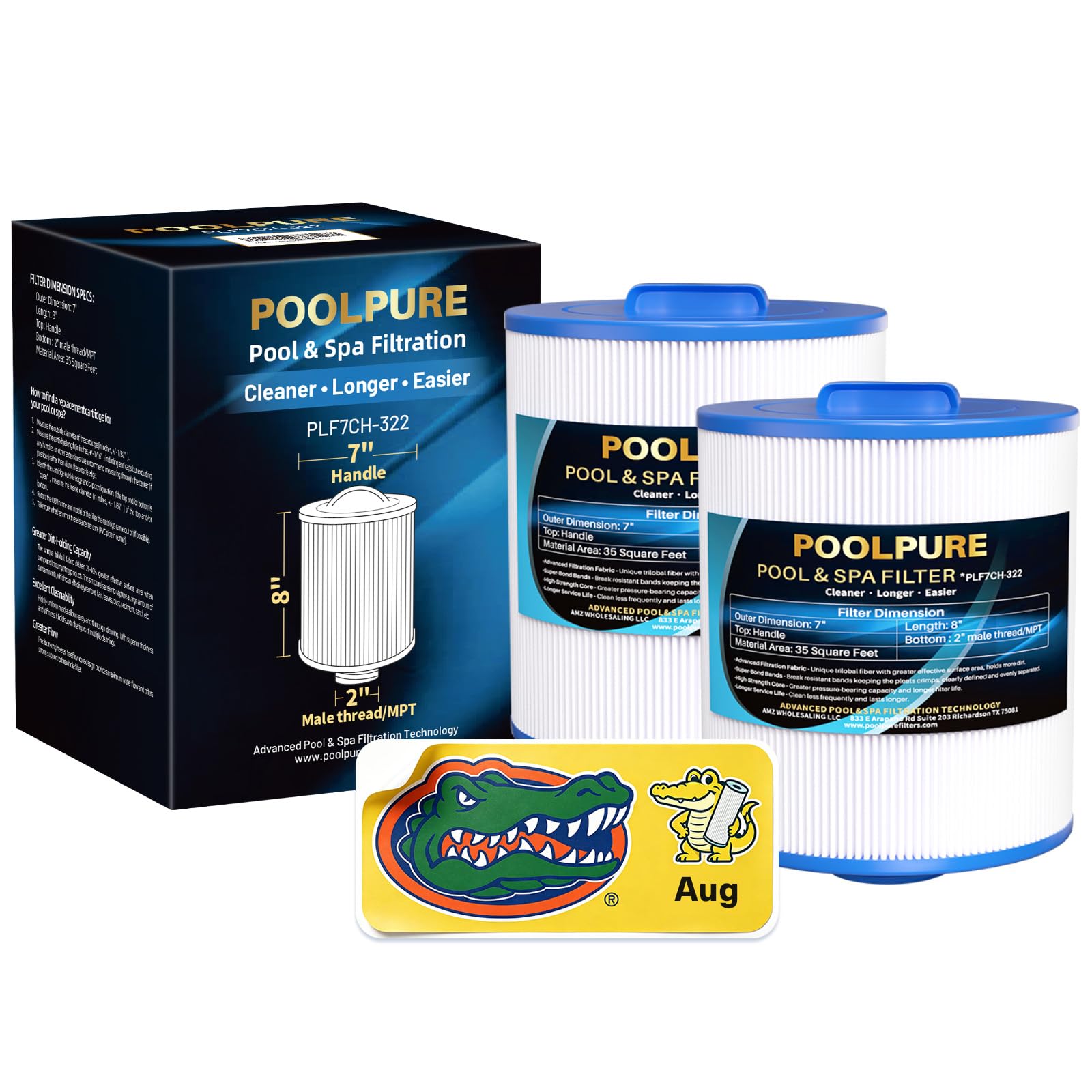 POOLPURE Filtre de spa 7CH-322 remplace PAS35-F2M, Unicel 7CH-322, Filbur FC-0420, 100520, 3301-2109, cartouche de filtre MPT/filetage mâle 5,1 cm