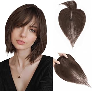 Hairro 100% Human Hair Toppers with Bangs, 360° Cover 3D Clips on Thin Hairpieces for Women, 3.15"x4.33" Silk Base Lightweight for Covering Greyish Hair on Top, 11 Inch Dark Brown