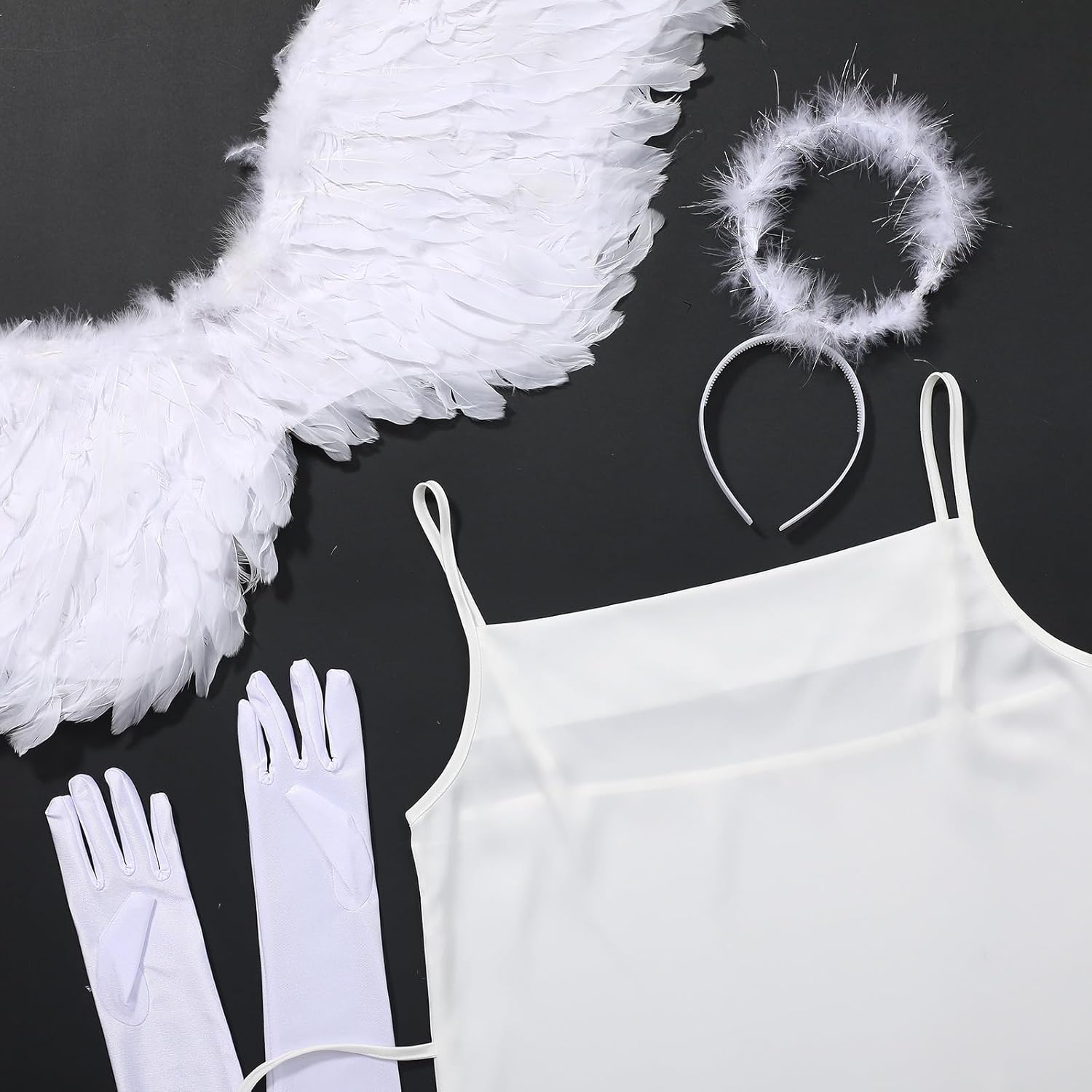 4 Pcs Angel Costume Women Adult, White Angel Headband and Wings Satin Sleeveless Dress Gloves for Halloween Party