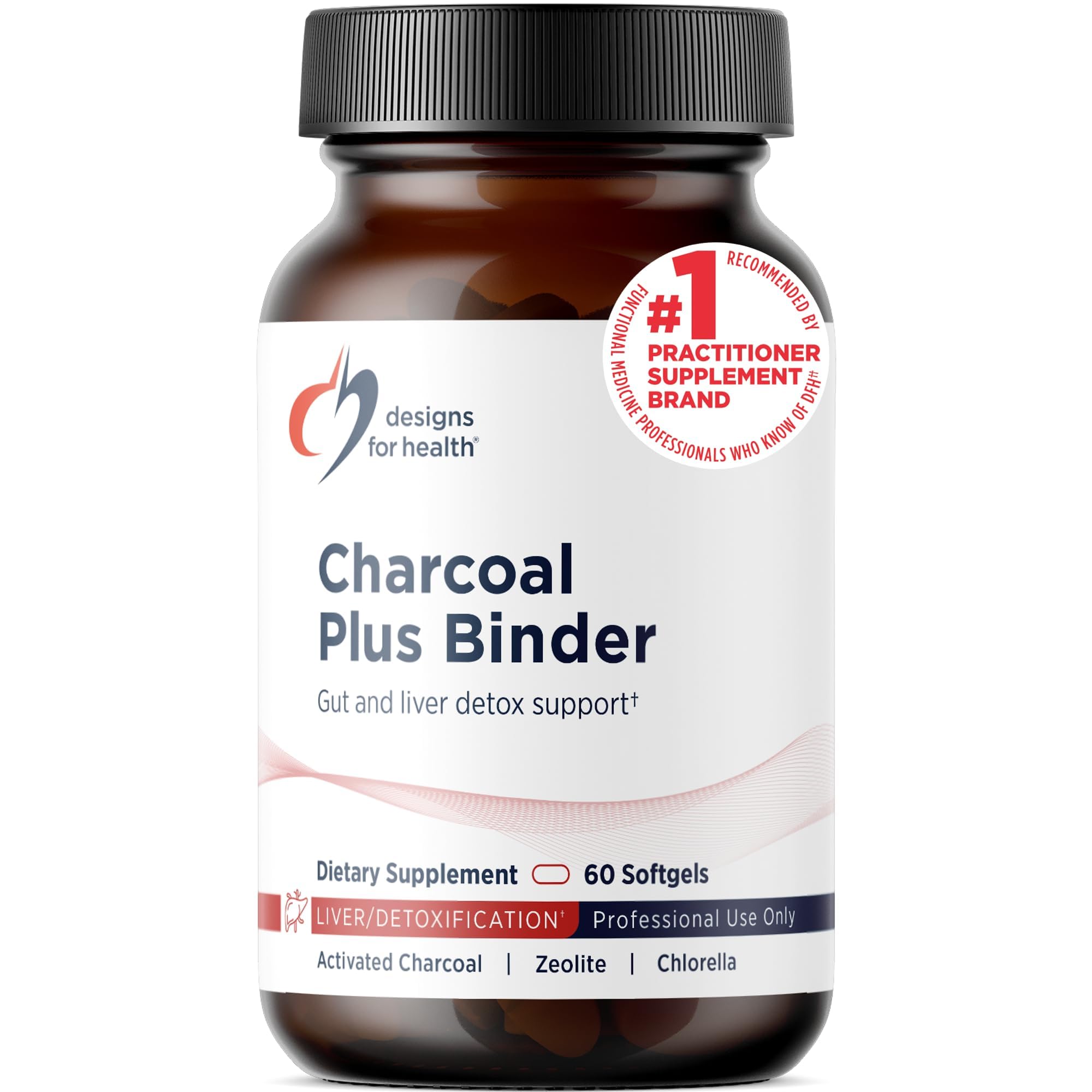 Designs for Health Charcoal Plus Binder - Zeolite Detox Process with Activated Charcoal, Organic Chlorella - Toxin Binder for Full Body, GI & Gut Detox Support (60 Softgels)