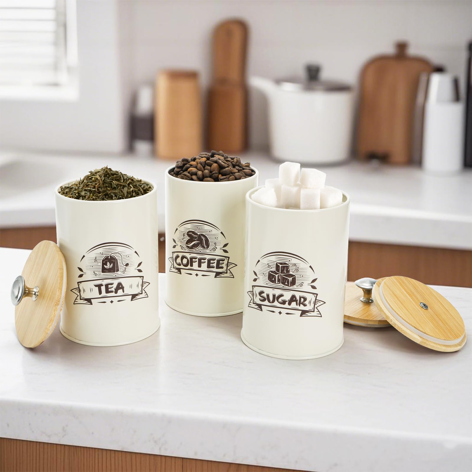Covzoe Juego de 3 botes de cocina herméticos de hierro con tapas de bambú, contenedores de almacenamiento de harina y azúcar para encimera, contenedores de almacenamiento de alimentos para café, té