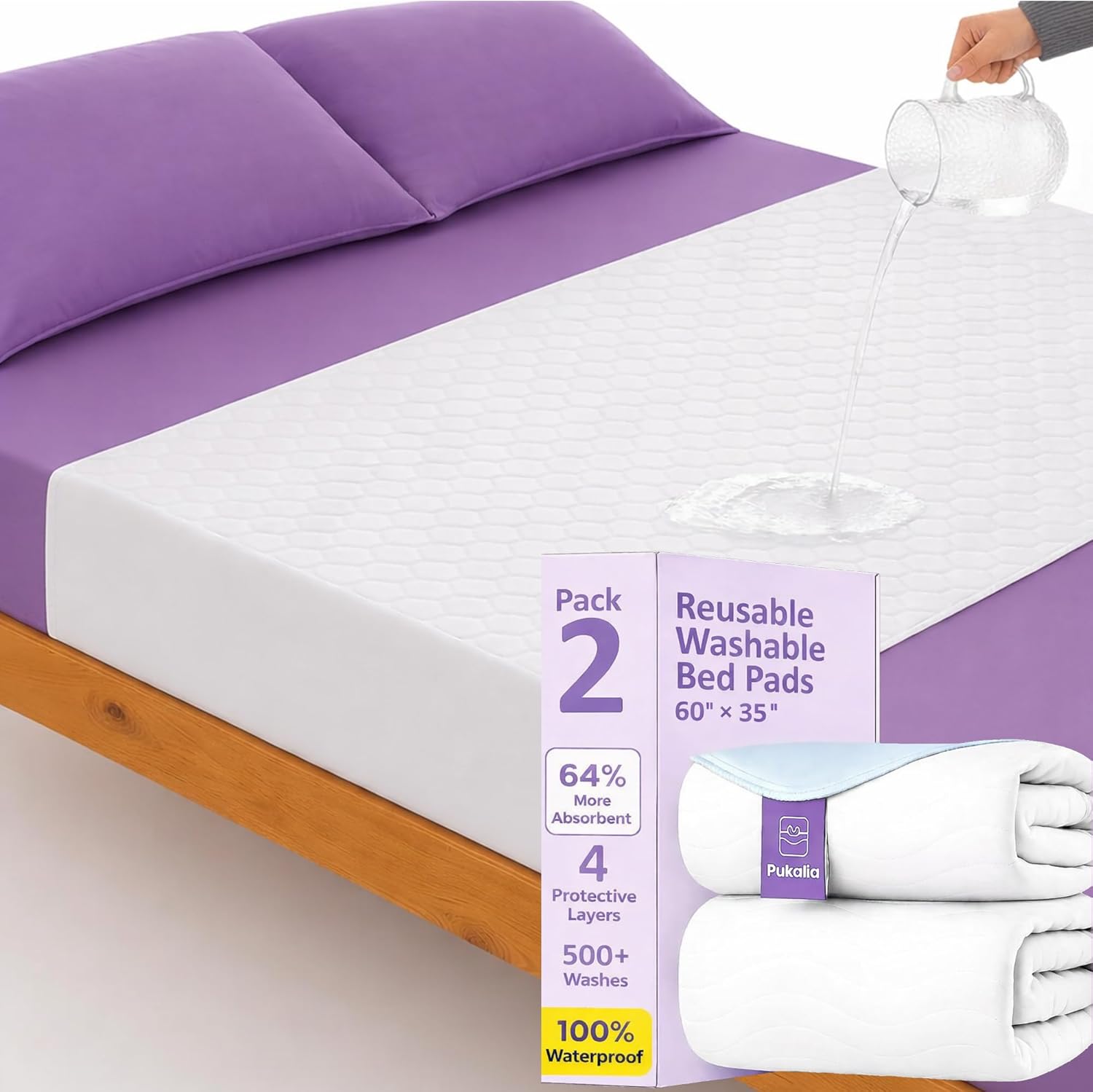 Washable Bed Pads for Adults, 2 Pack 60” x 35” Queen Size, Quick-Drying, Waterproof Incontinence Underpads with Tuck-in Sides, Reusable Protection