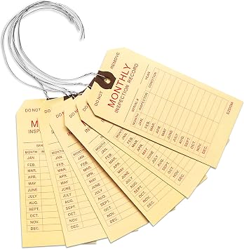 Fire Extinguisher Monthly Inspection Tags, Box of 100 | 4 3/4" x 2 3/8" - Manila Service Tags, Wire Ties Attached, Indoor Only