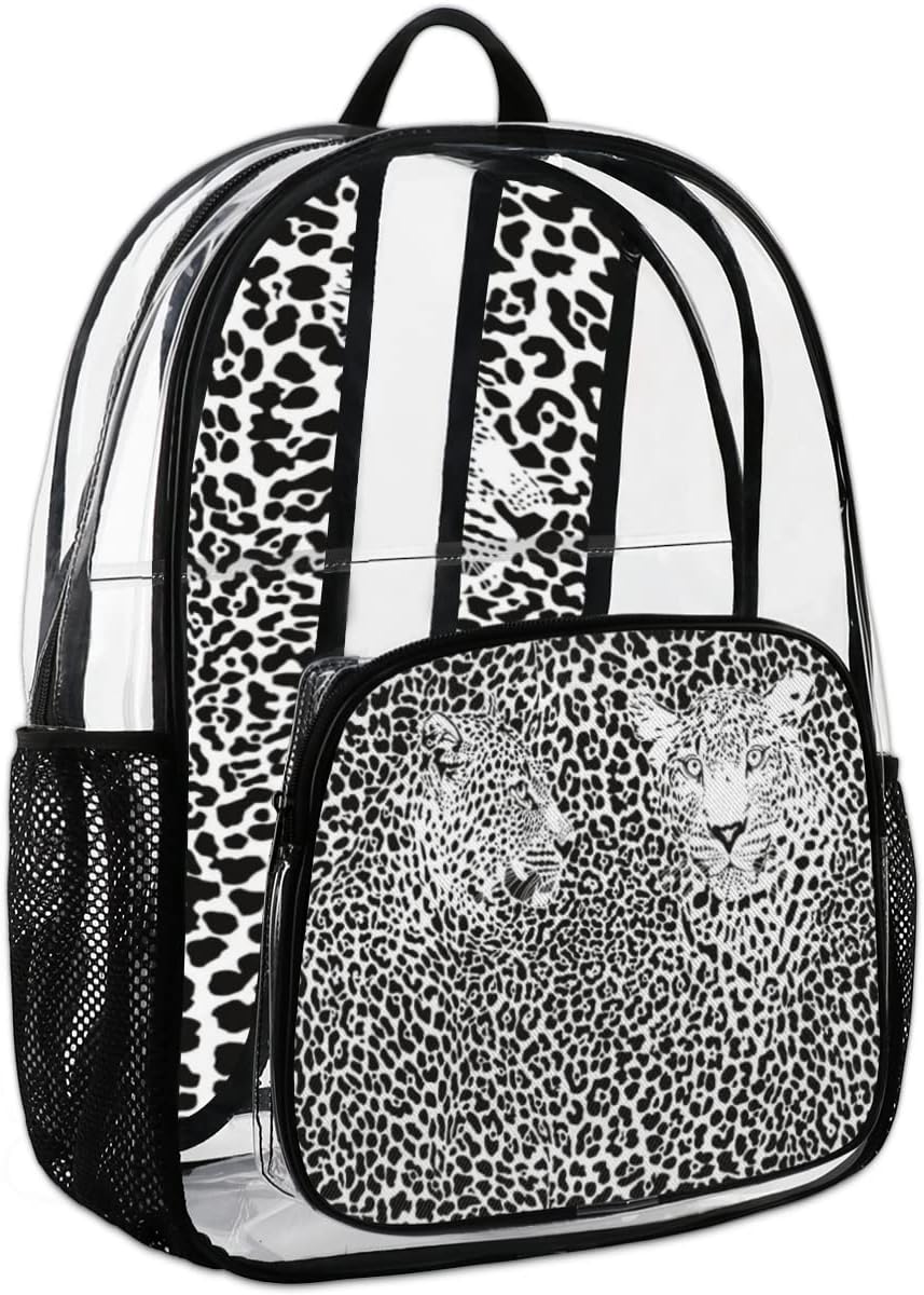 Leopard Texture Black And White Clear Backpack Stadium Approved Heavy Duty PVC Transparent Backpacks Large Laptop Backpack for Work Travel Sports Events Concerts