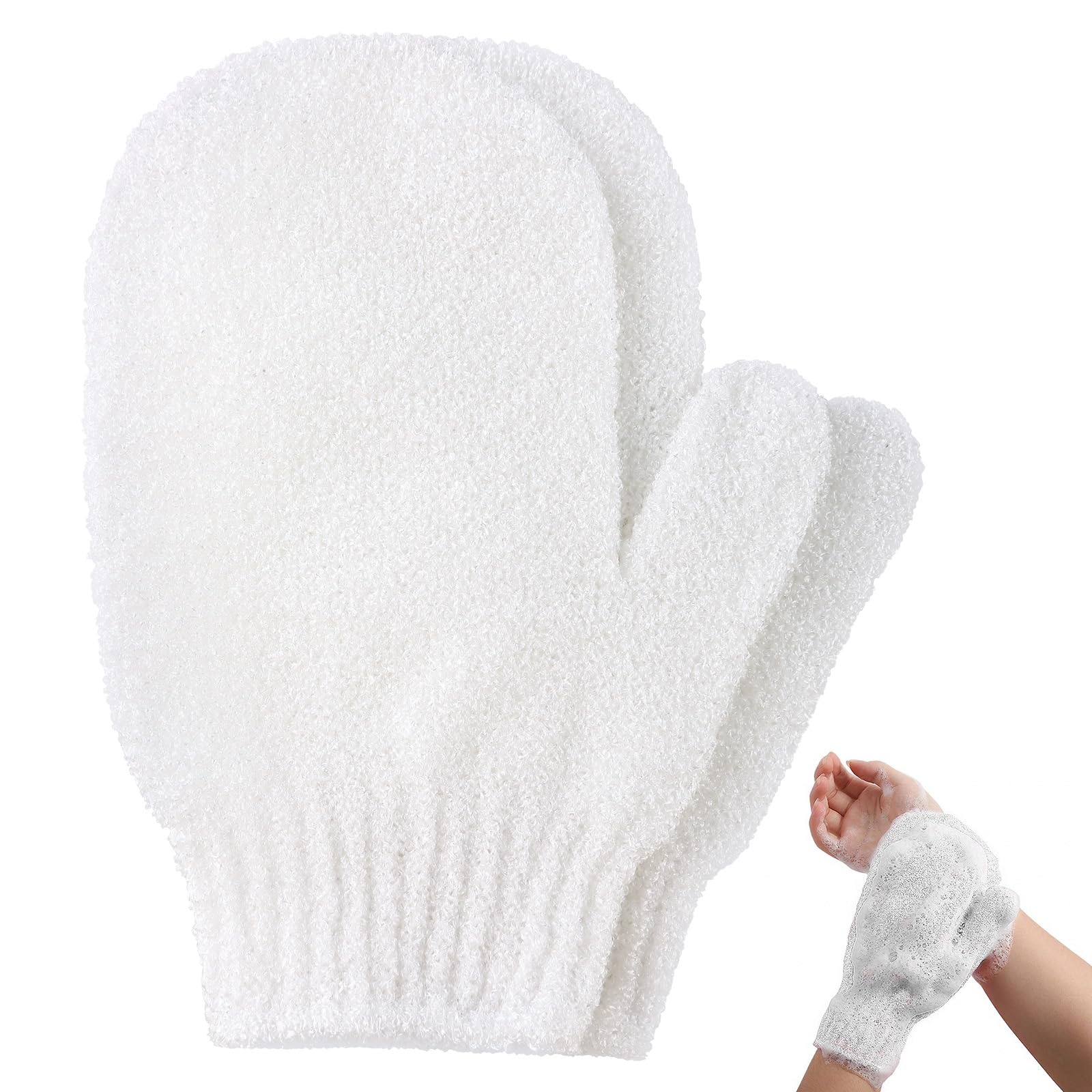 2pcs Exfoliating Gloves, Exfoliating Wash Gloves, Shower Scrub Gloves Away Ingrown Hair and Dead Skin for Shower, Spa, Massage and Dead Skin Cell Remover Loofah - White