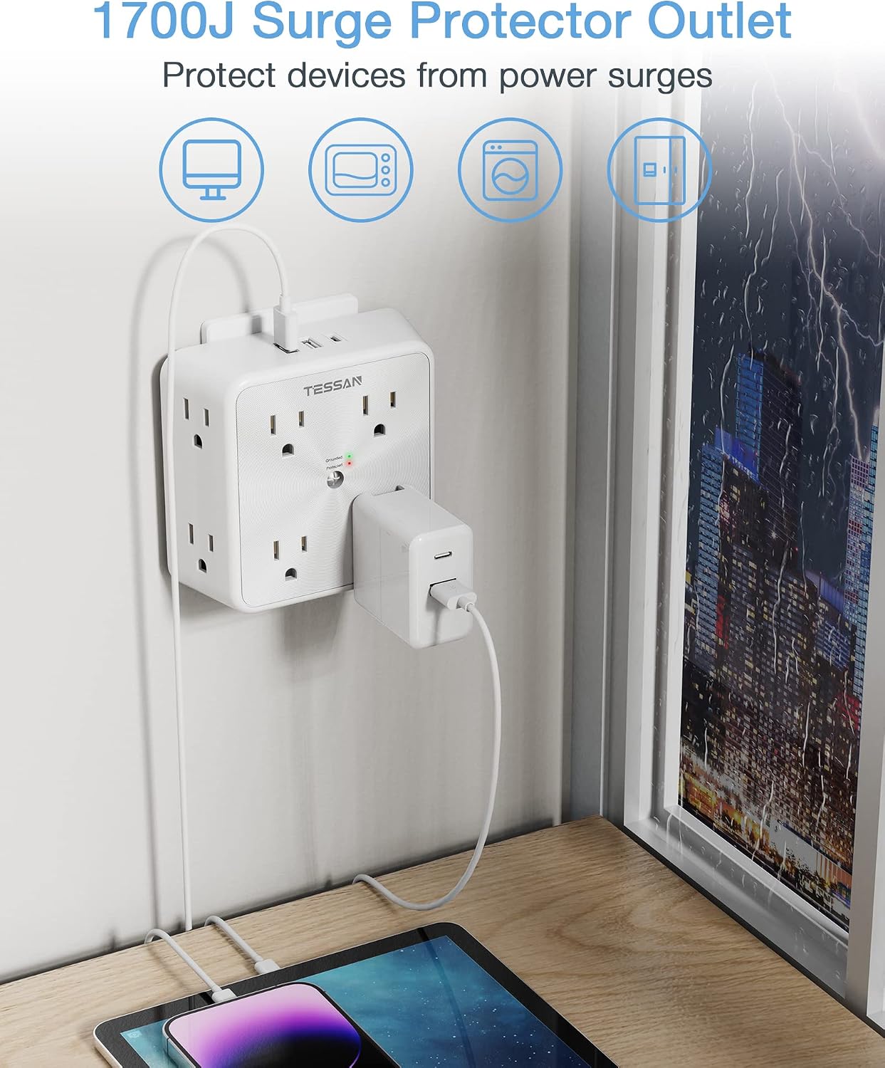 Surge Protector 8 Outlet Extender, TESSAN Multi Outlet Splitter with 3 USB Wall Charger (1 USB C Port), 3-Sided Multiple Plug Power Strip 1700J, USB Charging Station for Home Office Dorm Room