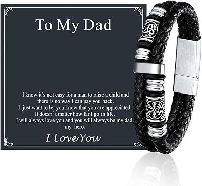 FaithHeart Gifts for Man, Viking Braided Leather Stainless Steel Bracelet Cool Gifts for Men Dad Son Husband 7.5 8.3 9 Inches