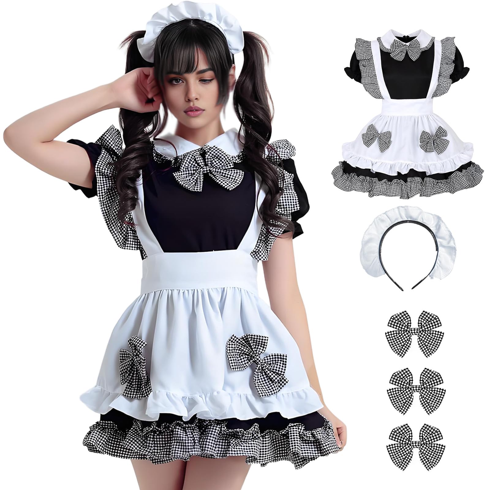YushengTai Maid Dress, Cute Maid Outfit, Black and White Checked Maid Costume Anime Cosplay, Classic Maid Cosplay Dress with Headband, Christmas Halloween Party Carnival Costume (2XL)