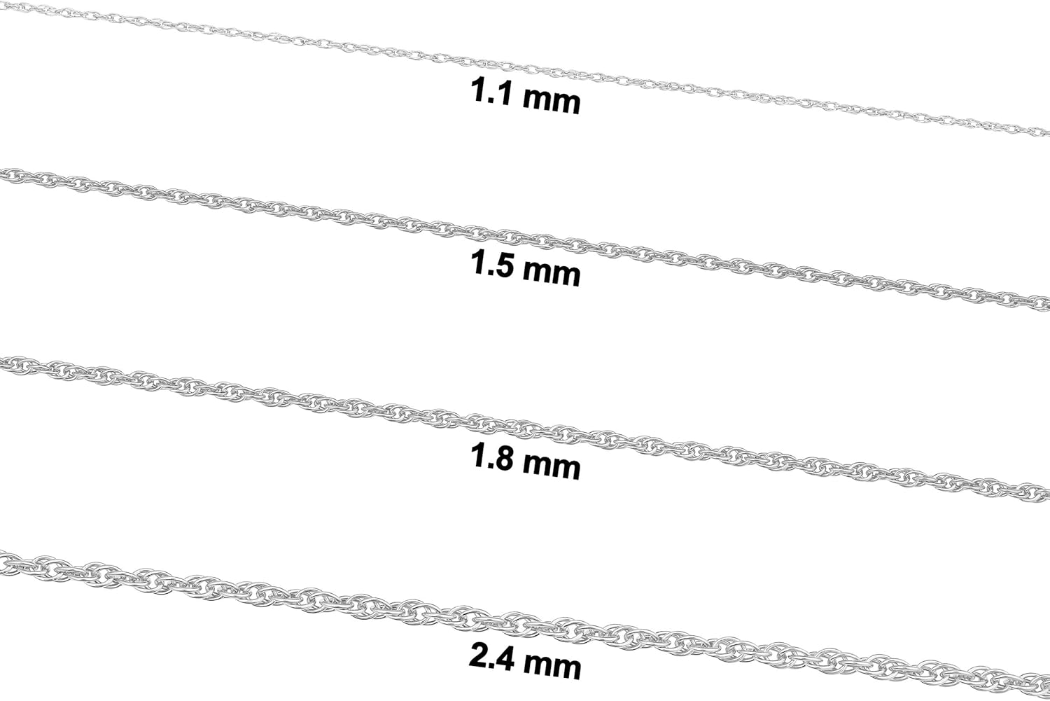 Kooljewelry Sterling Silver or Yellow Gold and Sterling Silver Rope Chain Necklace For Women (1.1 mm, 1.5 mm, 1.8 mm or 2.4 mm - Sizes from 14 to 30 inches long)