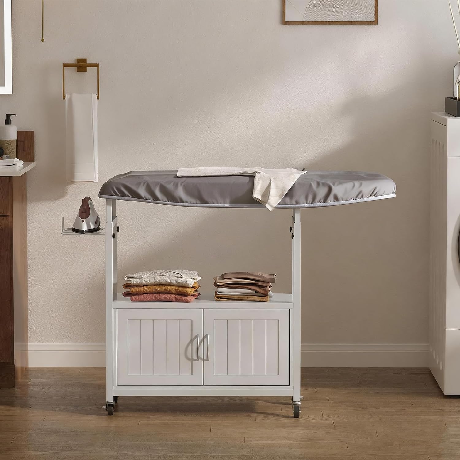 Height-Adjustable Ironing Station, Fold Out Ironing Board with Storage, Ironing Board Cart with Heat-Resistant Pad, Iron Holder and Large Cabinet