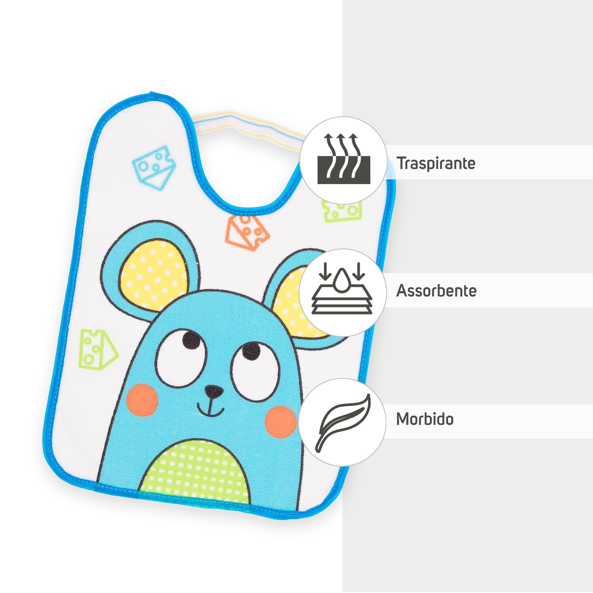 Set di 4 bavaglini per bambini 6-12 mesi microfibra impermeabili 24x31 cm con elastico animali
